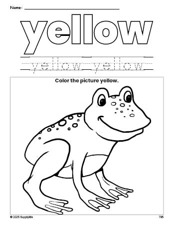 Free frog color yellow coloring page and color worksheet, yellow worksheet for preschoolers to learn colors, printable PDF
