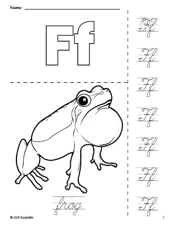 FREE Printable Frog Coloring Page and Cursive Letter Tracing Worksheet ...