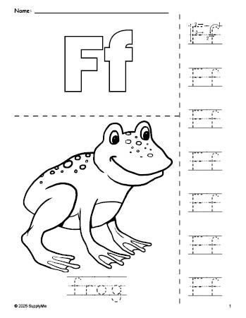 Free printable frog coloring page and letter tracing worksheet, letter f worksheet for preschool, pre-k, and kindergarten, PDF