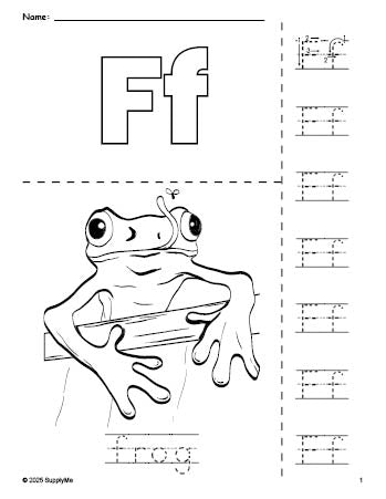 Free printable frog coloring page and letter tracing worksheet, letter f worksheet for preschool, pre-k, and kindergarten, PDF