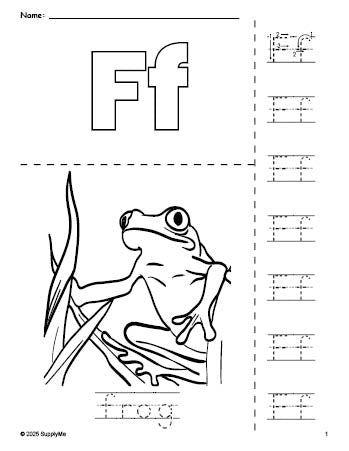 Free printable frog coloring page and letter tracing worksheet, letter f worksheet for preschool, pre-k, and kindergarten, PDF