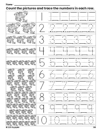 Free printable frog counting worksheet for preschool and pre-k with number tracing practice 1-10, PDF