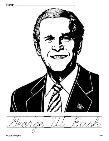 Free printable George W Bush Presidents' Day coloring page and cursive word tracing worksheet, perfect for preschool, pre-k, and kindergarten, PDF