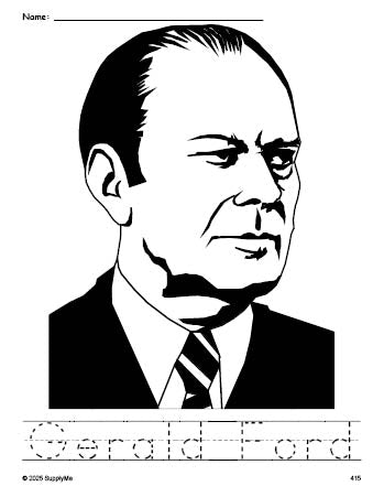 Free printable Gerald Ford Presidents' Day coloring page and word tracing worksheet, perfect for preschool, pre-k, and kindergarten, PDF