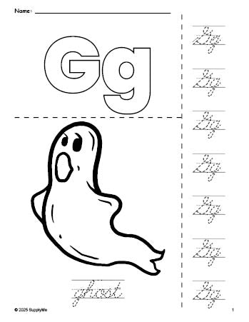 Free printable ghost Halloween coloring page and cursive letter tracing worksheet, letter g worksheet for preschool, pre-k, and kindergarten, PDF