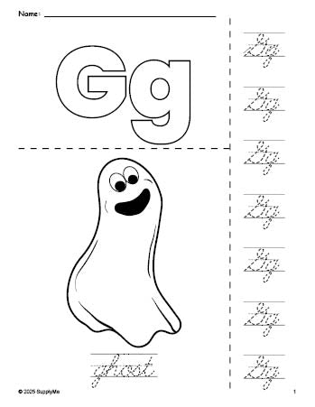 Free printable ghost Halloween coloring page and cursive letter tracing worksheet, letter g worksheet for preschool, pre-k, and kindergarten, PDF