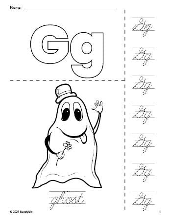 Free printable ghost Halloween coloring page and cursive letter tracing worksheet, letter g worksheet for preschool, pre-k, and kindergarten, PDF