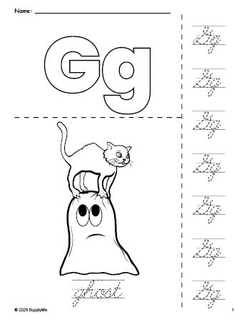 Free printable ghost Halloween coloring page and cursive letter tracing worksheet, letter g worksheet for preschool, pre-k, and kindergarten, PDF