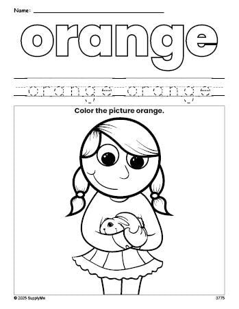 Free girl color orange coloring page and color worksheet, orange worksheet for preschoolers to learn colors, printable PDF