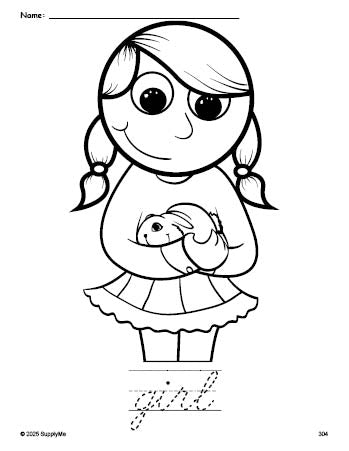 Free printable girl coloring page and cursive word tracing worksheet, perfect for preschool, pre-k, and kindergarten, PDF