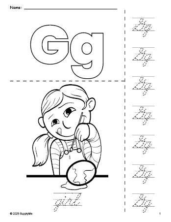 Free printable girl Easter coloring page and cursive letter tracing worksheet, letter g worksheet for preschool, pre-k, and kindergarten, PDF