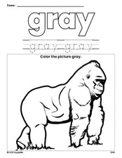 Free gorilla color gray coloring page and color worksheet, gray worksheet for preschoolers to learn colors, printable PDF