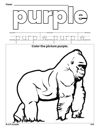 Free gorilla color purple coloring page and color worksheet, purple worksheet for preschoolers to learn colors, printable PDF