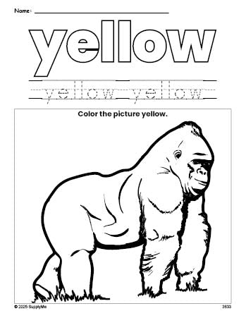Free gorilla color yellow coloring page and color worksheet, yellow worksheet for preschoolers to learn colors, printable PDF