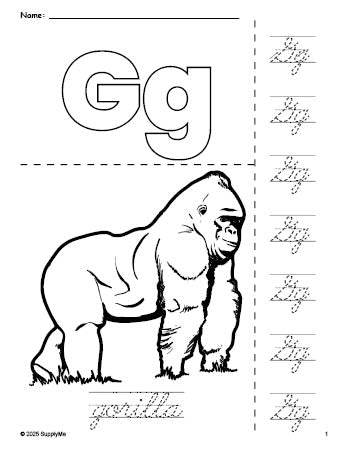 Free printable gorilla coloring page and cursive letter tracing worksheet, letter g worksheet for preschool, pre-k, and kindergarten, PDF