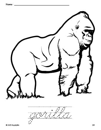 Free printable gorilla coloring page and cursive word tracing worksheet, perfect for preschool, pre-k, and kindergarten, PDF