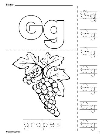 Free printable grapes coloring page and letter tracing worksheet, letter g worksheet for preschool, pre-k, and kindergarten, PDF