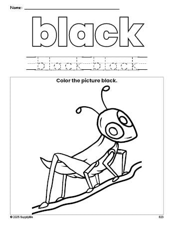 Free grasshopper color black coloring page and color worksheet, black worksheet for preschoolers to learn colors, printable PDF