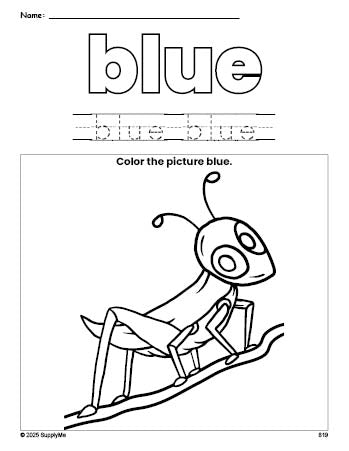 FREE Grasshopper Color Blue Coloring Page and Color Worksheet, Blue ...