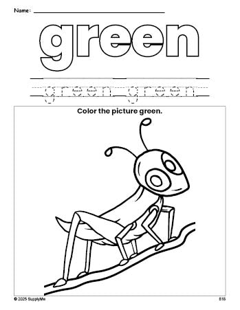 Free grasshopper color green coloring page and color worksheet, green worksheet for preschoolers to learn colors, printable PDF