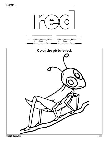 Free grasshopper color red coloring page and color worksheet, red worksheet for preschoolers to learn colors, printable PDF