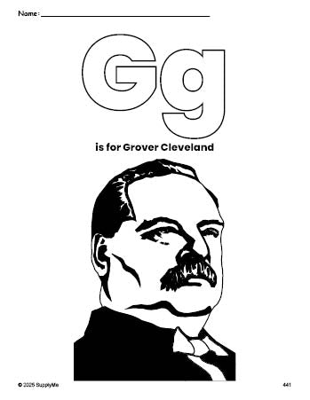Free printable Grover Cleveland Presidents' Day coloring page, letter g coloring page for preschool, pre-k, and kindergarten, PDF
