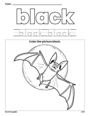 Free Halloween bat color black coloring page and color worksheet, black worksheet for preschoolers to learn colors, printable PDF