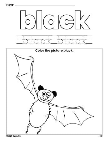 Free Halloween bat color black coloring page and color worksheet, black worksheet for preschoolers to learn colors, printable PDF
