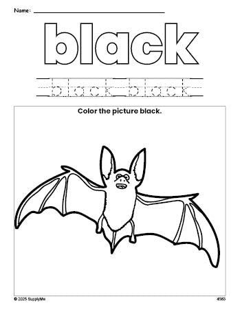 Free Halloween bat color black coloring page and color worksheet, black worksheet for preschoolers to learn colors, printable PDF