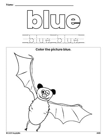 Free Halloween bat color blue coloring page and color worksheet, blue worksheet for preschoolers to learn colors, printable PDF