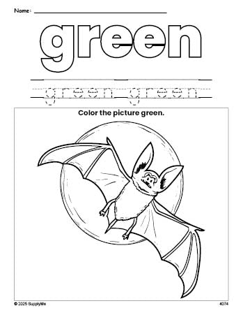 Free Halloween bat color green coloring page and color worksheet, green worksheet for preschoolers to learn colors, printable PDF