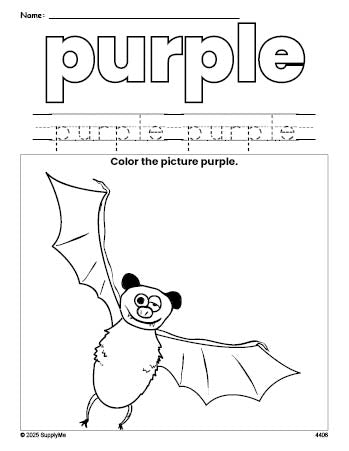 Free Halloween bat color purple coloring page and color worksheet, purple worksheet for preschoolers to learn colors, printable PDF
