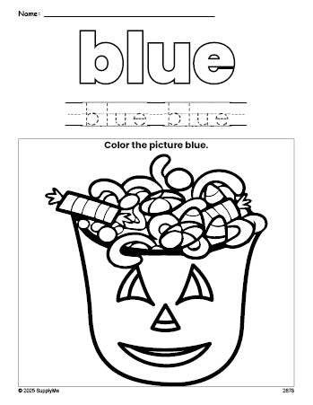 Free Halloween candy color blue coloring page and color worksheet, blue worksheet for preschoolers to learn colors, printable PDF