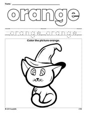 Free Halloween cat color orange coloring page and color worksheet, orange worksheet for preschoolers to learn colors, printable PDF
