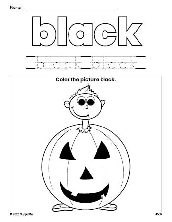 Free Halloween costume color black coloring page and color worksheet, black worksheet for preschoolers to learn colors, printable PDF