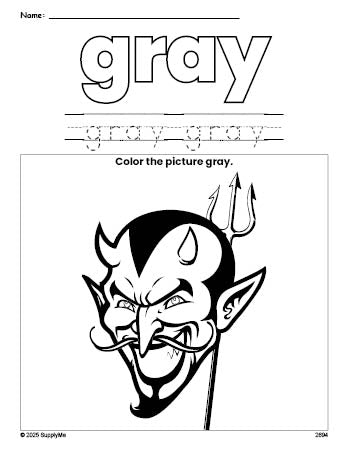 Free Halloween devil color gray coloring page and color worksheet, gray worksheet for preschoolers to learn colors, printable PDF