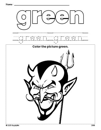 Free Halloween devil color green coloring page and color worksheet, green worksheet for preschoolers to learn colors, printable PDF