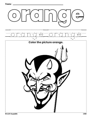 Free Halloween devil color orange coloring page and color worksheet, orange worksheet for preschoolers to learn colors, printable PDF