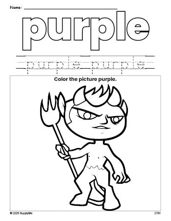 Free Halloween devil color purple coloring page and color worksheet, purple worksheet for preschoolers to learn colors, printable PDF