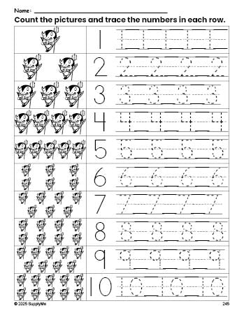 Free printable Halloween devil counting worksheet for preschool and pre-k with number tracing practice 1-10, PDF