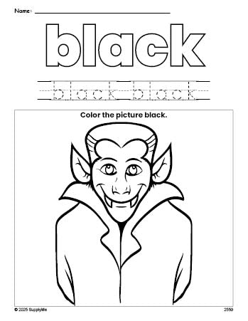 Free Halloween Dracula color black coloring page and color worksheet, black worksheet for preschoolers to learn colors, printable PDF