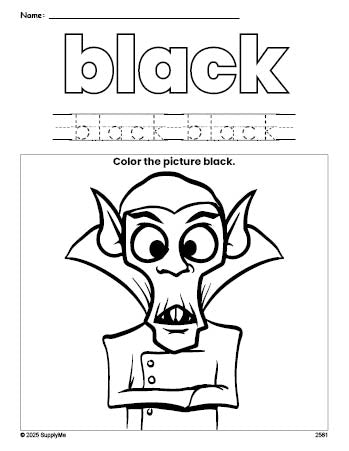 Free Halloween Dracula color black coloring page and color worksheet, black worksheet for preschoolers to learn colors, printable PDF
