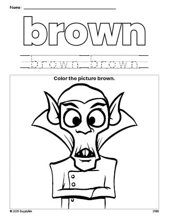 Free Halloween Dracula color brown coloring page and color worksheet, brown worksheet for preschoolers to learn colors, printable PDF