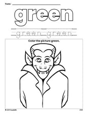 Free Halloween Dracula color green coloring page and color worksheet, green worksheet for preschoolers to learn colors, printable PDF
