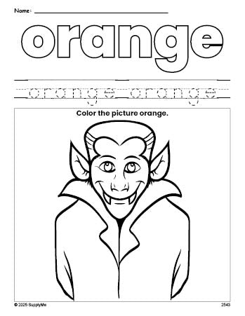 Free Halloween Dracula color orange coloring page and color worksheet, orange worksheet for preschoolers to learn colors, printable PDF