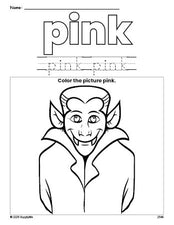 Free Halloween Dracula color pink coloring page and color worksheet, pink worksheet for preschoolers to learn colors, printable PDF