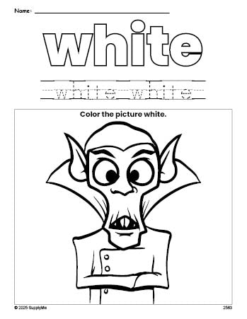Free Halloween Dracula color white coloring page and color worksheet, white worksheet for preschoolers to learn colors, printable PDF
