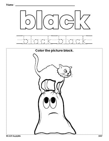 Free Halloween ghost color black coloring page and color worksheet, black worksheet for preschoolers to learn colors, printable PDF