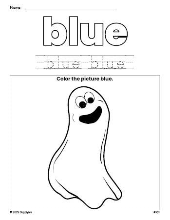 Free Halloween ghost color blue coloring page and color worksheet, blue worksheet for preschoolers to learn colors, printable PDF