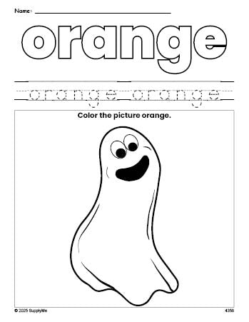 Free Halloween ghost color orange coloring page and color worksheet, orange worksheet for preschoolers to learn colors, printable PDF